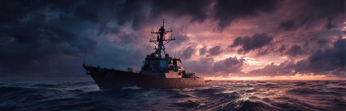 Dark clouds gather over a naval destroyer sailing in rough seas during twilight hours