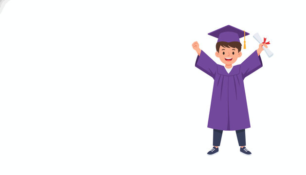 Happy kindergarten graduate boy in purple cap and gown holding diploma, celebrating academic achievement, isolated on white background.