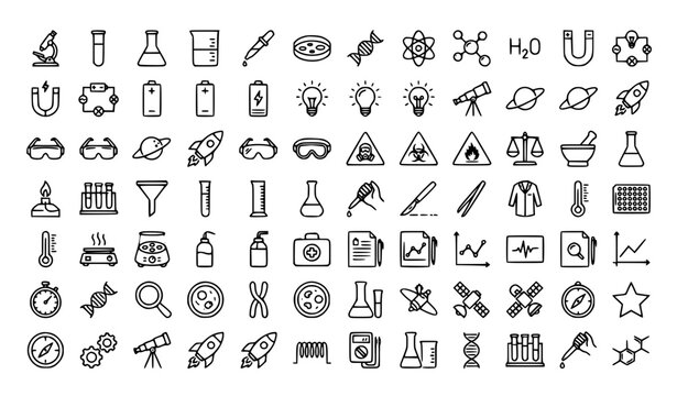 Science and laboratory outline icon set with research chemistry physics and editable stroke vector collection