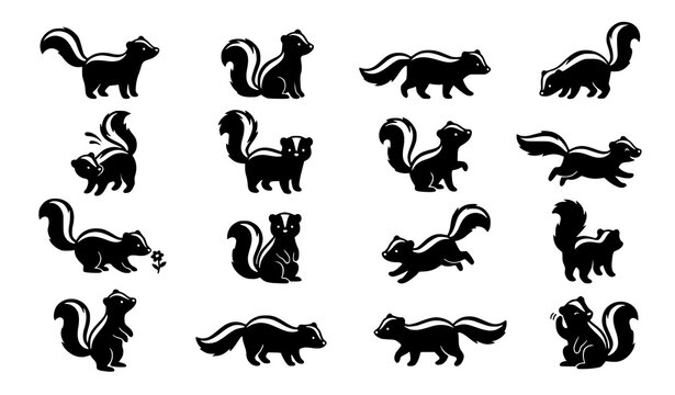 Cartoon skunk silhouette set cute animal poses black vector collection isolated on white background