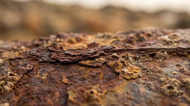 Close up of heavily rusted metal surface with barnacles at beach