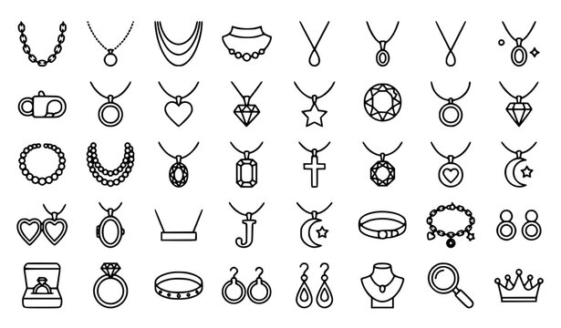  Jewelry Icons Set - Necklace, Ring, Earring, Bracelet, Diamond and Luxury Accessories Vector Line Icons"