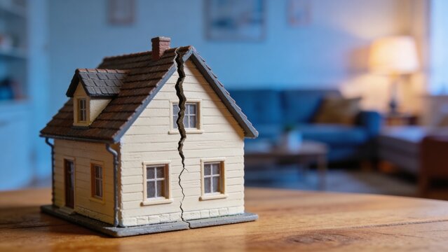 Miniature house model with a prominent crack down the middle, symbolizing the complex issues of divorce, family separation, property division, and real estate disputes