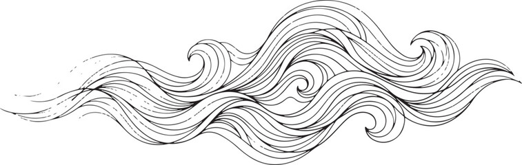 Hand drawn doodle illustration of flowing abstract ocean waves, stylized water swirls, and curly wind lines for sea nature design. © fepro