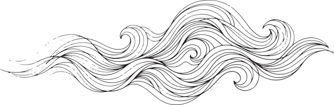 Hand drawn doodle illustration of flowing abstract ocean waves, stylized water swirls, and curly wind lines for sea nature design.