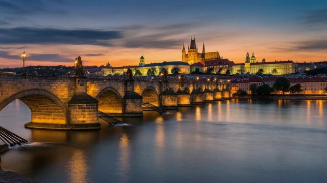 Illuminated bridge arches over a tranquil river at twilight