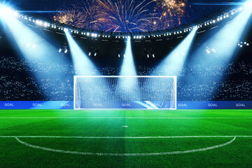 soccer goal on a green field in a illuminated stadium at night with fireworks in the sky and bright spotlights. Modern stadium with a grass, a goal celebration, a football game final. Penalty shootout © alones