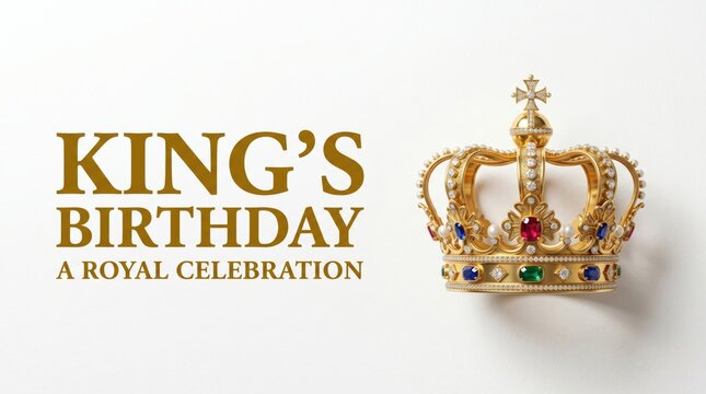 King's Birthday royal celebration banner, golden crown with jewels on white background, majestic monarchy holiday greeting card