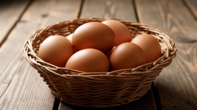 Close-up of brown eggs in a wicker basket on a rustic, wooden surface