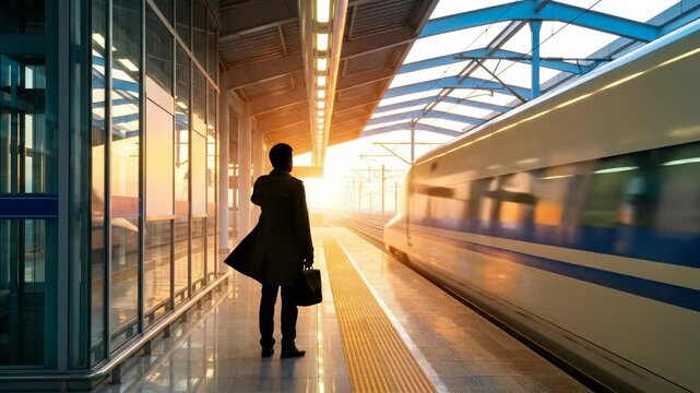 Businessman Waiting for High-Speed Train at Modern Station Platform During Sunset