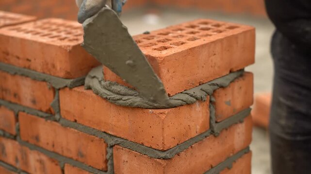 Close-up of bricklaying, red bricks, cement, hand placing a new brick