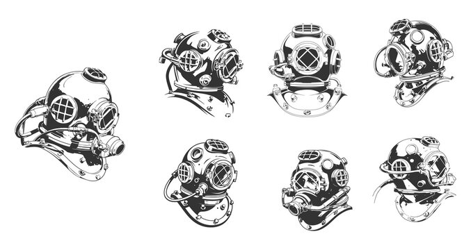 Set of vintage deep sea diver helmets in black and white hand drawn style