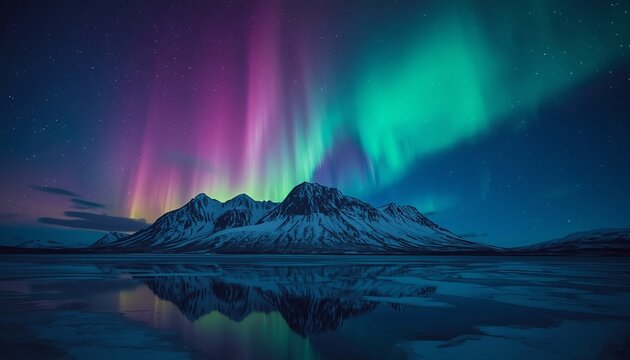 Aurora Borealis Over Snowy Mountains Reflection
