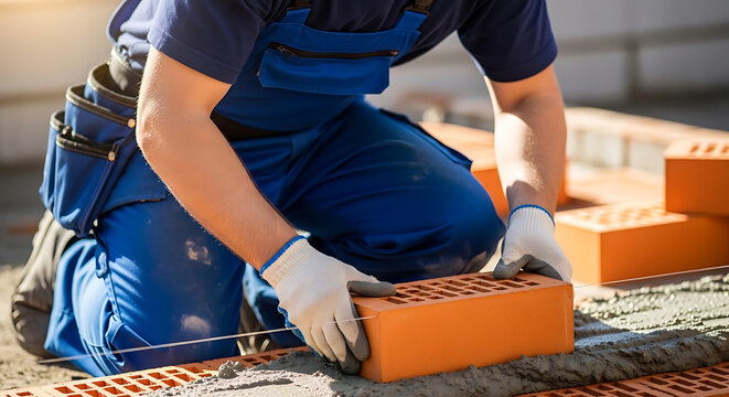 Professional construction worker in blue overalls laying red bricks with mortar building a wall on a bright sunny construction site for a new residential house