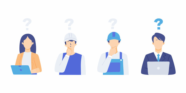 Diverse professionals thinking with question marks above heads vector illustration