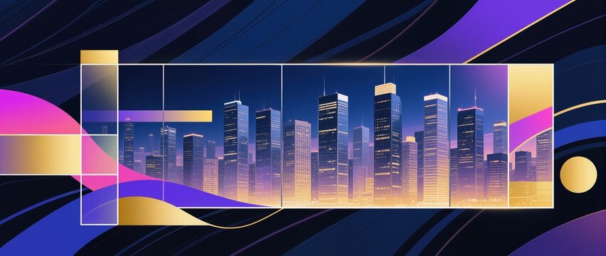 Modern city skyline at night with skyscrapers and glowing lights. Urban architectural landscape displayed in abstract digital window frame. Future metropolis business infrastructure design.