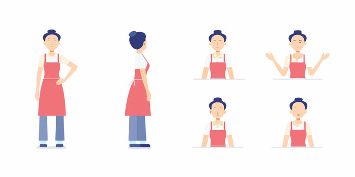 woman in red apron character sheet with multiple poses vector illustration