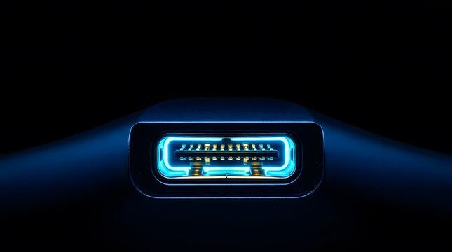 Futuristic blue glowing USB C type port connector for high speed data transfer and charging technology