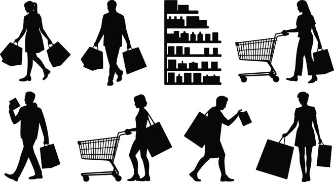 Shopping silhouettes of people carrying bags, pushing carts, and browsing products in retail store environment illustration