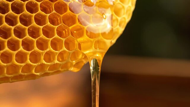 Close-up of a honeycomb with honey dripping from it; golden color and a dark background