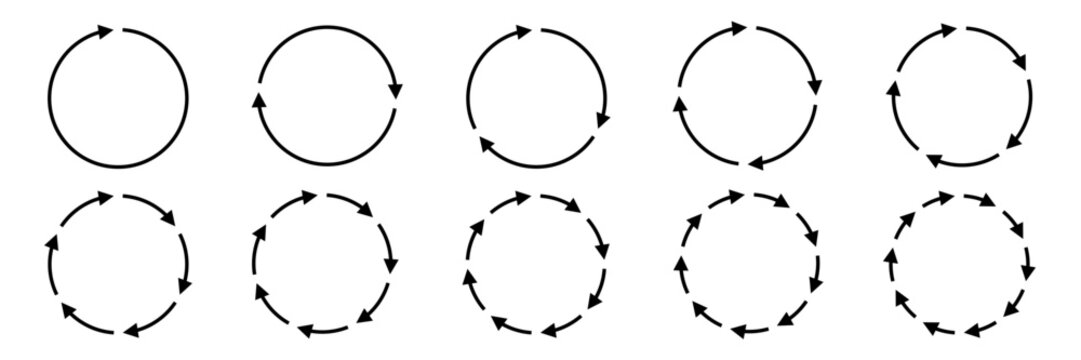 Set of circle arrows isolated on white background. Rotate and spinning symbol. Circular rotation loading element, redo process. Circle arrow 1, 2, 3, 4, 5, 6, 7, 8, 9, 10 icon set vector illustration.