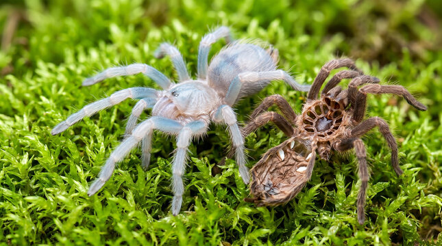 A surreal, high-resolution photo of a tarantula immediately after molting. Its new exoskeleton is a pale, translucent ghostly white with hints of soft blue, looking incredibly delicate. 