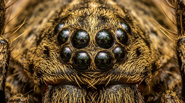 An extreme macro portrait focusing on the tarantula&rsquo;s eye turret. The shot captures all eight dark, pearlescent eyes arranged in a tight cluster