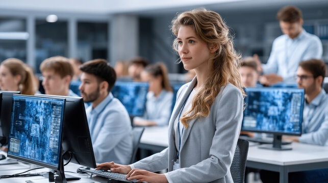 Female programmer cyber security software developer data analysis computer training modern office desktop computer business technology coding class professional woman young adult blonde hair