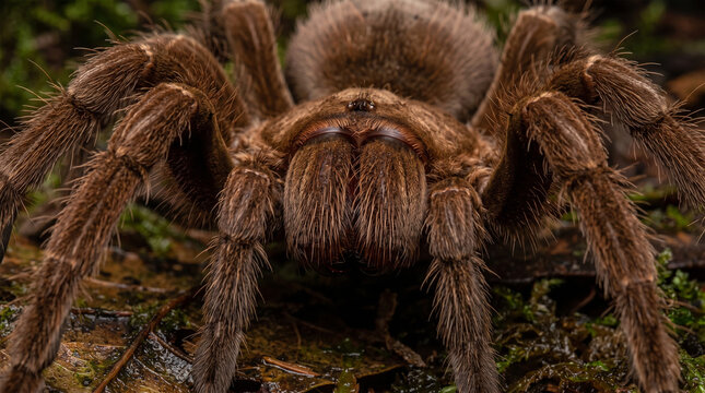 A hyper-detailed, low-angle portrait of a Goliath Birdeater tarantula. The focus is tack-sharp on its massive, mahogany-colored chelicerae (fangs) and the dense, chocolate-brown sensory hairs (setae) 