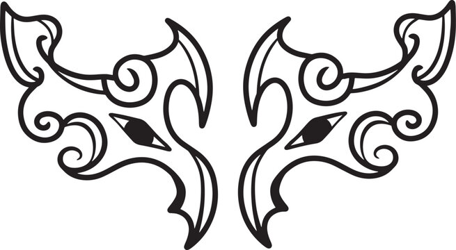A pair of symmetrical, hand-drawn tribal wing designs featuring sharp points, elegant swirls, and almond-shaped eye motifs in a bold black line art style