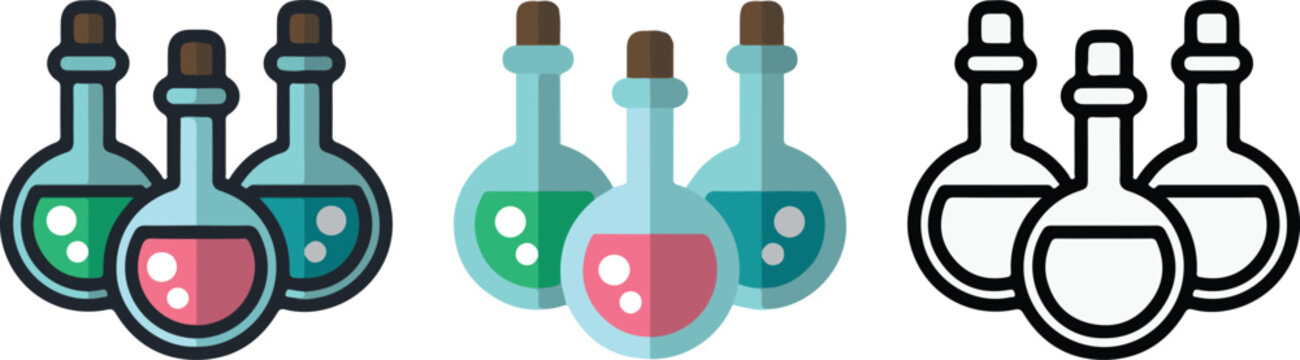 Happy Halloween 2026!! Set of magic potion bottle icons in three styles