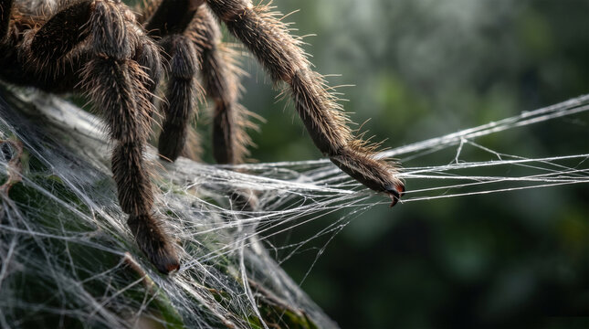 A cinematic shot of a tarantula's feet (tarsi) as they manipulate thick, silver silk to reinforce its funnel web. The focus is on the tiny, retractable claws 