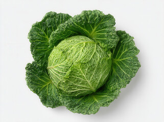 Fototapeta premium Cabbage sits on a plain surface with its vibrant green leaves and round shape, showing fresh produce ready for use in meals