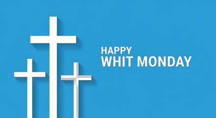Whit Monday religious greeting card, white Christian crosses on blue background, Pentecost Monday celebration banner with flat design aesthetic