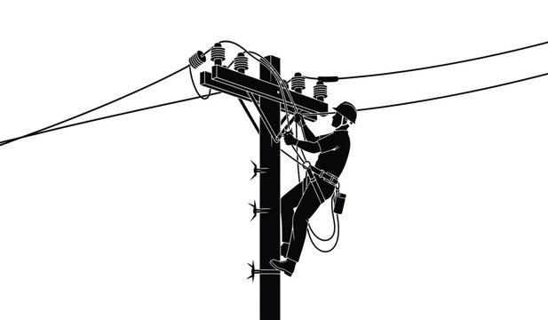 silhouette of lineman working on high voltage power lines and electrical pole against a white background high quality professional detailed modern elegant stylish clean
