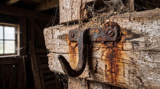 Gritty texture of an old iron hook deeply embedded in a sunlit decaying wooden beam adorned with delicate cobwebs evoking a sense of lost time