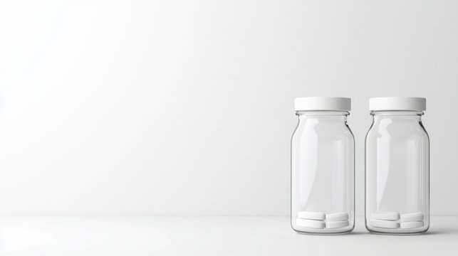 Vitamin Bottle Icon Clear glass bottle with minimalist label, white background, symbolizes vitamin packaging
