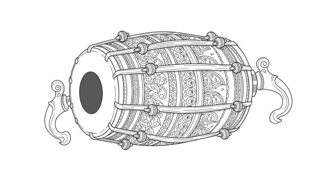 Traditional Indian Mridangam Drum Line Art Illustration. Hand-drawn cultural percussion instrument for ethnic music, festivals, and spiritual events.