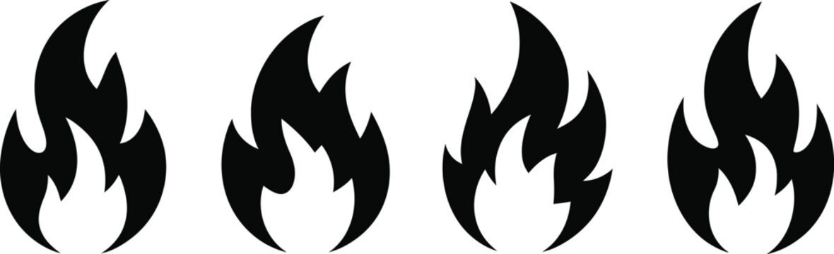 Set of black fire flame vector icons featuring various silhouettes for campfire heat energy and spicy food level indicators design.