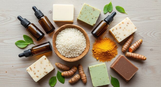 Natural handmade soap with turmeric and rice on wooden background