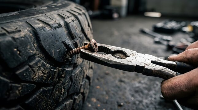Close up of mechanic hand using pliers to remove rusty screw from punctured car tire tread