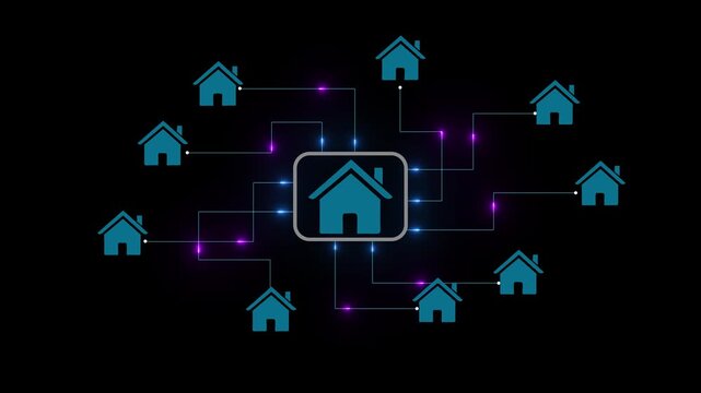 Teal House Icons Linked in a Network with Lights home