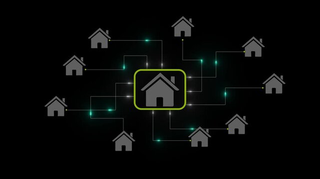 Gray House Icons Connected in a Network with Green Lights