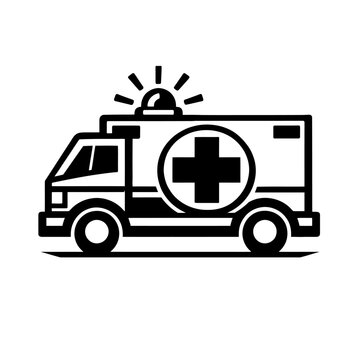 Black silhouette of a medical emergency vehicle with a cross on the side and flashing lights on top, isolated on a white background.