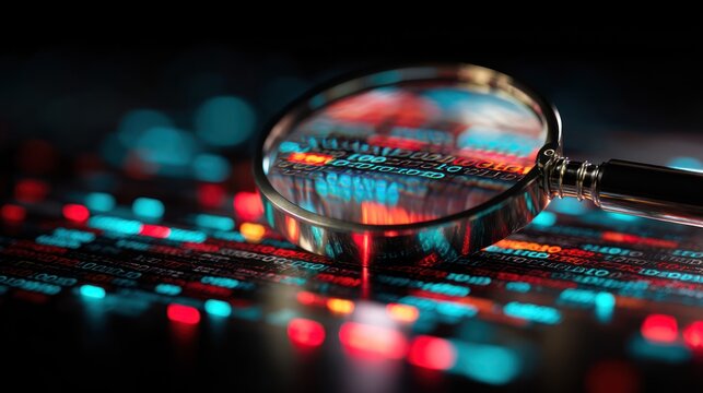 Magnifying glass examining binary code data analysis