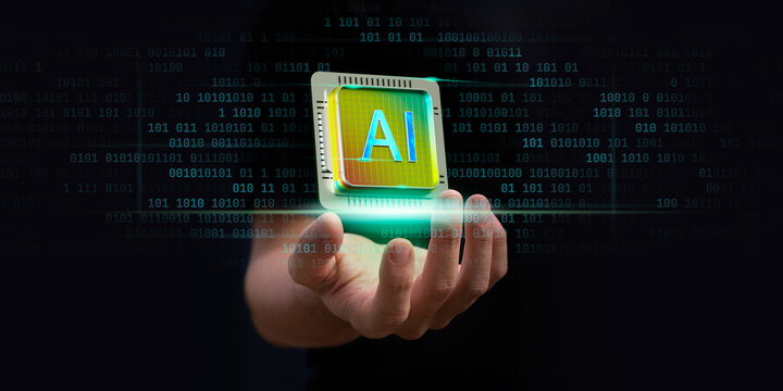 A hand showing technology, Chip, Semiconductor chip, cyber security, digital transformation, LLM, Large language model. Photo Stock