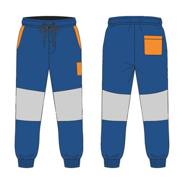Front and back views of athletic sweatpants with drawstring and ribbed cuffs isolated on white background. Minimal apparel design concept