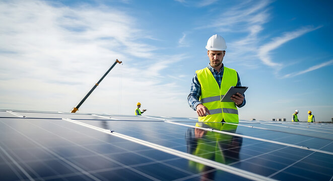Professional male engineer in safety gear using a tablet to inspect a rooftop solar panel installation on a sunny day showcasing green energy and renewable technology
