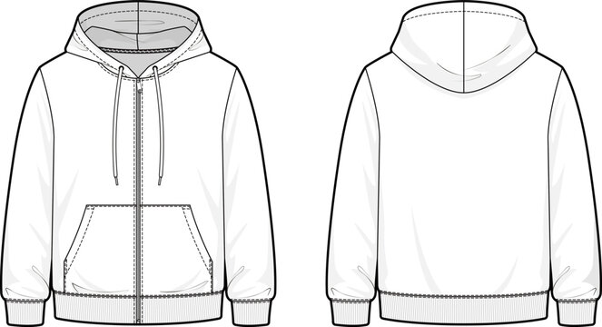 Basic zip-up hoodie technical flat, front and back view with zipper, patch pockets, and ribbed cuffs and hem. Vector outline isolated on white for apparel design and tech pack.