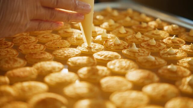 Gloved hand pipes creamy white filling onto rows of golden mini pancakes arranged on baking tray. Warm lighting highlights perfectly browned edges and dollops of cream topping.